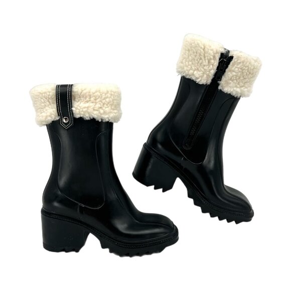 I.N.C. Black & Cream Sherpa Trim Heeled Boots | Block Heel & Square Toe - Picture 1 of 8